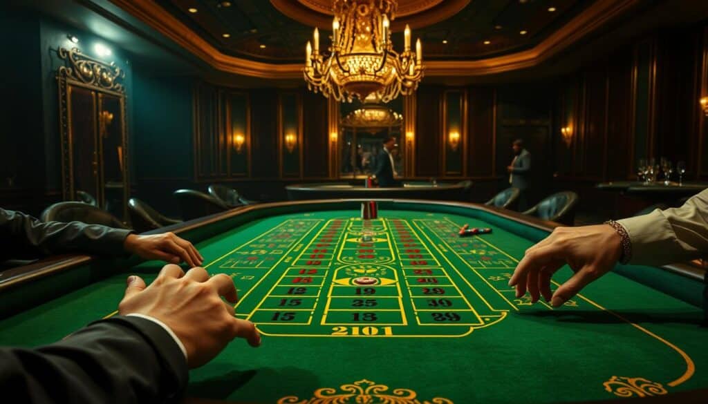 A grand baccarat gaming table set against a dimly lit casino interior, with plush green felt and ornate gold detailing. In the foreground, players' hands hover over the betting areas, contemplating their next move. Subtle lighting casts dramatic shadows, creating an air of anticipation. In the background, a lavish chandelier illuminates the room, while the distant hum of conversation and the occasional clink of chips add to the ambiance. The scene conveys the allure and elegance of the classic baccarat experience.