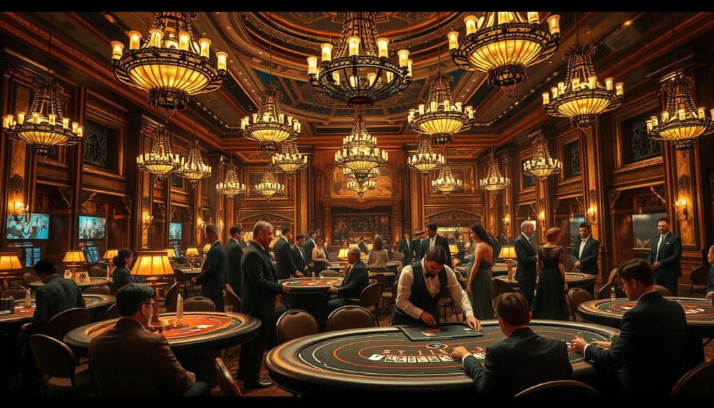 A grand casino hall from a bygone era, dimly lit by ornate chandeliers casting a warm glow over the tables. Elegant patrons in formal attire gather around a baccarat table, their faces alight with anticipation as the dealer expertly shuffles the cards. In the background, a rich tapestry of history unfolds, depicting the evolution of this captivating game from its European origins to its global popularity. The scene exudes an air of sophistication and timeless allure, capturing the essence of the iconic game of百家樂.