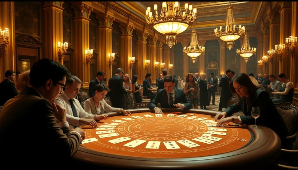 A grand casino hall from the past, its ornate columns and chandeliers reflecting the opulence of an era. In the center, a baccarat table with players engaged in a high-stakes game, their expressions intense as they study the cards. The table is bathed in warm, golden lighting, creating an atmosphere of excitement and anticipation. In the background, elaborately dressed patrons mingle, sipping fine wines and discussing the game's rich history. The scene conveys the timeless allure of baccarat, a game that has captivated generations of players and remains a symbol of sophistication and chance.