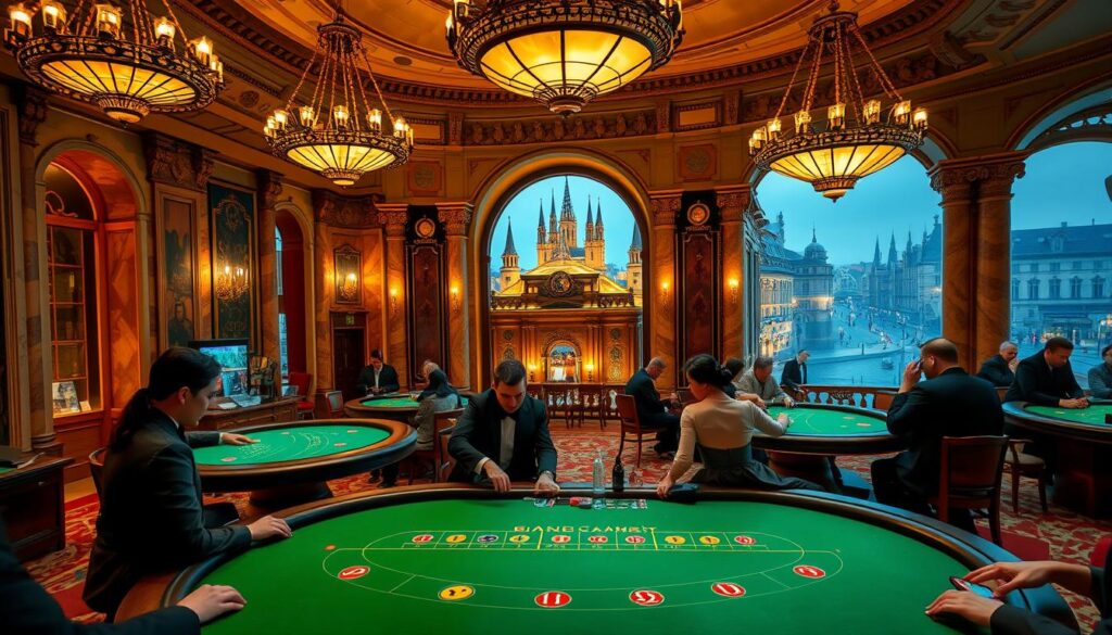 A grand casino hall set in a historic European city, illuminated by warm amber lighting and ornate chandeliers. In the foreground, a classic green baize baccarat table, with elegantly dressed patrons engaged in a high-stakes game, their faces reflecting the thrill of the moment. The middle ground reveals old-world architecture, with marble columns and intricate moldings, hinting at the tradition and heritage of this gaming establishment. In the background, a panoramic view of the cityscape, with cobblestone streets and towering spires, transporting the viewer to a bygone era when baccarat was the pastime of the aristocracy.
