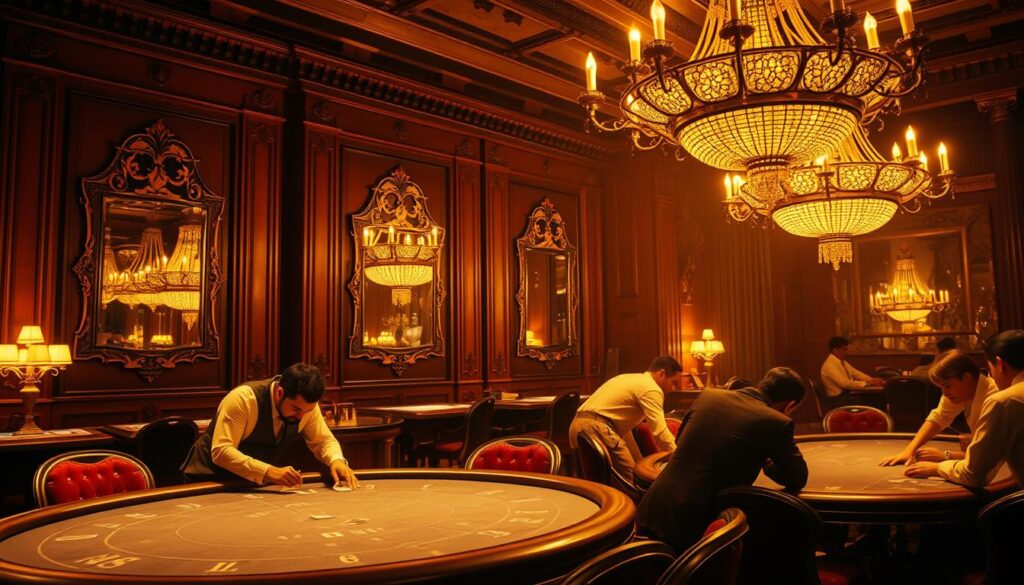 A grand casino interior, bathed in warm, golden light. Ornate chandeliers cast a soft glow over felt-covered tables, where players gather around a classic baccarat game. In the background, antique mirrors reflect the scene, hinting at the game's storied past. A richly decorated, mahogany-paneled wall serves as the backdrop, evoking the elegance of old-world gambling halls. The players, dressed in formal attire, lean intently over the table, captivated by the rhythm of the cards and the thrill of the game. The atmosphere is one of refined sophistication, where the traditions of 百家樂 are honored and the history of this beloved casino pastime is palpable.
