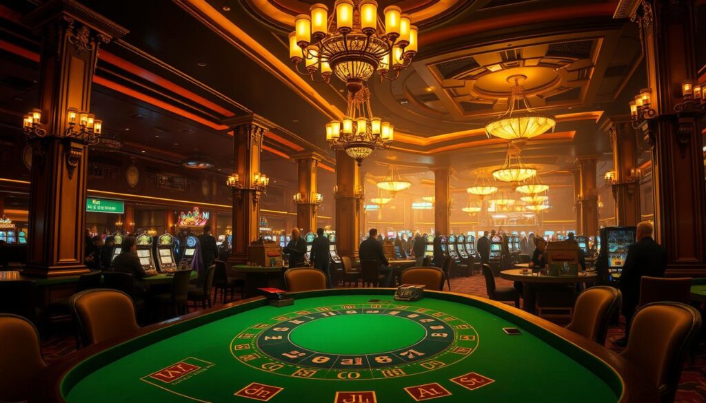 A grand casino interior, dimly lit with warm, golden hues. In the foreground, a lavish baccarat table is the focal point, its green felt surface inviting players to engage in the timeless game. Elegant chandeliers cast a soft, ambient glow, while plush armchairs and ornate columns hint at the opulent setting. In the background, a panoramic view of the casino floor reveals a bustling scene, where patrons move between gaming tables and slot machines, immersed in the thrill of chance. The atmosphere exudes a sense of refined sophistication and the allure of high-stakes entertainment, reflecting the rich history and evolution of the baccarat tradition.