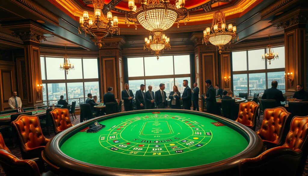 A grand casino interior, dimly lit with warm, golden lighting. The foreground features a baccarat table, its green felt surface inviting players to join the high-stakes game. Elegant chandeliers hang overhead, casting a soft glow on the polished wood and plush leather chairs surrounding the table. In the middle ground, wealthy patrons engage in animated discussions, their faces alight with the thrill of the game. The background showcases the grandeur of the casino, with ornate columns, intricate wall moldings, and a sweeping panoramic view of the city skyline through large windows. The overall atmosphere exudes an air of exclusivity, mystery, and the promise of fortune for the skilled and the lucky.