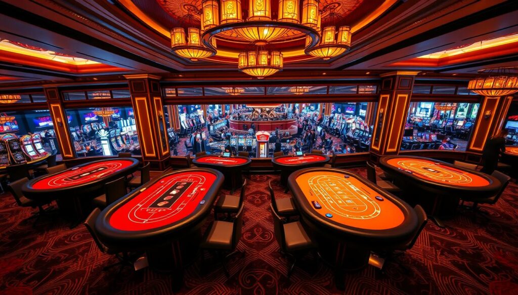 A grand casino interior with elegant decor and lighting, showcasing four distinct Baccarat gaming tables. Each table has a different layout and gameplay mechanics, representing the varied playstyles of Baccarat. The tables are bathed in a warm, amber glow, creating an inviting and sophisticated atmosphere. In the background, a panoramic view of the bustling casino floor can be seen through large windows, emphasizing the excitement and energy of the gaming experience. The image captures the essence of the different Baccarat variants, allowing the viewer to compare and contrast the unique features of each playstyle.
