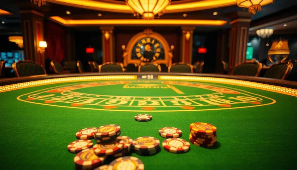 A grand casino table with a green felt surface, illuminated by warm, ambient lighting. The table features a semicircular arrangement of numbered positions, allowing players to strategically place their bets. In the foreground, ornate casino chips in various denominations are scattered across the table, hinting at the thrill of gameplay. The background showcases the opulent decor of the casino, with rich fabrics, gilded accents, and a sense of luxury and exclusivity. The overall scene conveys the allure and excitement of the iconic baccarat game, inviting the viewer to immerse themselves in the captivating world of casino gaming.