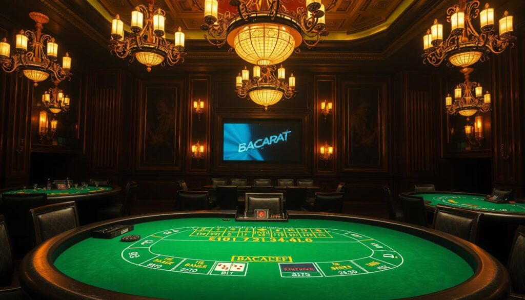 A grand casino table with luxurious green felt, surrounded by a dimly lit interior with ornate chandeliers providing warm lighting. In the center, the traditional Baccarat betting layout is displayed, showcasing the various wager options such as Player, Banker, and Tie, each with their corresponding payouts. The table is organized and elegant, inviting the viewer to explore the strategic possibilities of this classic game of chance.