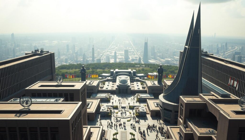 A grand, imposing structure with an air of authority and global influence. In the foreground, a series of official-looking buildings with sleek, modern architecture, adorned with the insignia of major international regulatory bodies. The middle ground features a sprawling campus of interconnected facilities, bustling with activity as delegations from various nations convene to discuss policies and standards. In the background, a panoramic vista of the world's major financial and commercial hubs, a testament to the far-reaching impact of these global regulatory institutions. Sunlight streams in, casting a sense of gravity and importance over the scene. The overall atmosphere conveys the weight and gravitas of the world's regulatory framework, overseeing the safeguards and practices that shape the global economy.