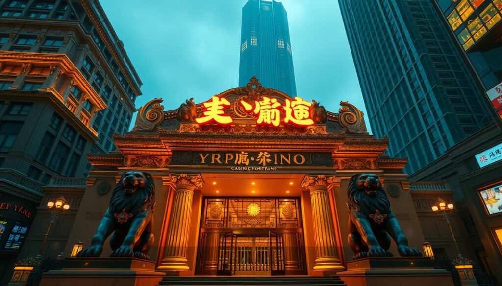 A grand, opulent casino facade in the heart of a bustling city, adorned with intricate gold detailing, ornate columns, and a towering neon sign that reads "財神娛樂城". The entrance is flanked by two magnificent stone lions, their piercing gaze inviting players to explore the thrilling world within. Warm lighting casts a soft glow, creating an atmosphere of excitement and prosperity. The scene exudes a sense of luxurious sophistication, hinting at the wide array of gaming options and exceptional service that await the discerning player. A towering skyscraper looms in the background, reinforcing the casino's prominent position in the city's skyline.