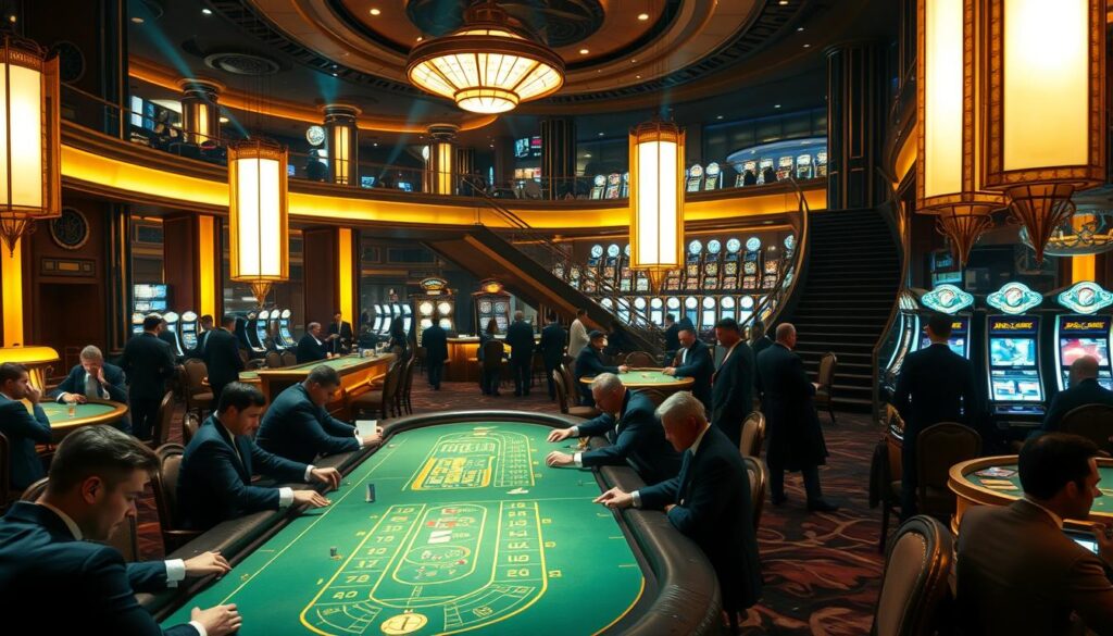 A grand, opulent casino interior with a bustling atmosphere. The foreground features a long, ornate gaming table surrounded by elegantly dressed patrons engaged in a high-stakes game of baccarat. Soft, warm lighting illuminates the table, casting a golden glow over the players' faces. In the middle ground, a curved bar counter is lined with patrons sipping cocktails, while in the background, a sweeping staircase leads up to a mezzanine level filled with more gaming tables and slot machines. The overall scene conveys the importance and allure of a legitimate, regulated casino experience.