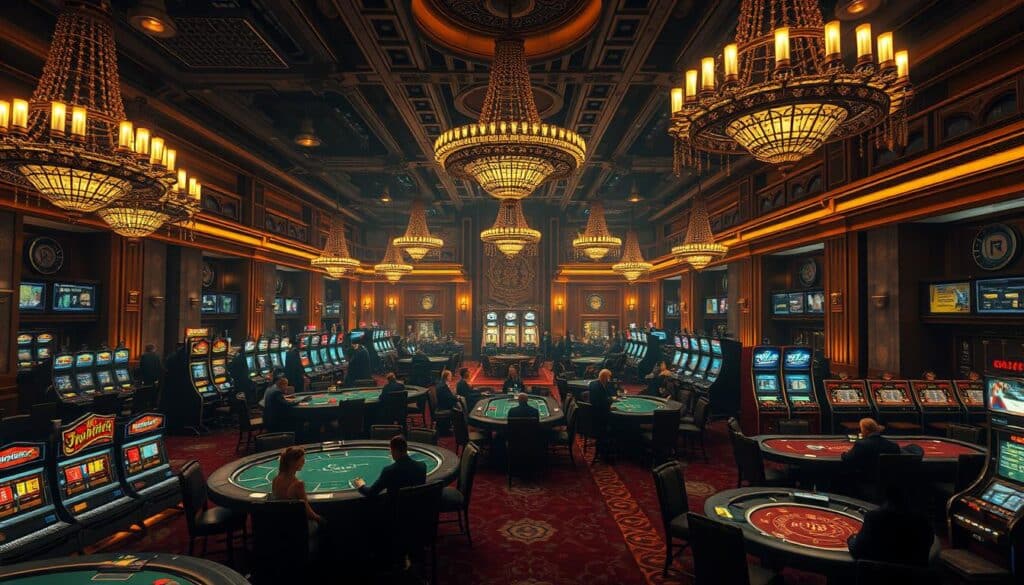 A grand, opulent casino interior with rows of gaming tables and slot machines, dimly lit by a warm, amber-toned lighting. The decor is lavish, with ornate chandeliers, plush velvet furnishings, and intricate architectural details. A sense of anticipation and excitement permeates the air, as high-stakes baccarat games unfold against a backdrop of hushed murmurs and the occasional cheer of a lucky winner. The scene conveys the allure and prestige of a world-class gambling establishment, where the thrill of chance and the promise of fortune draw in those seeking the ultimate gaming experience.