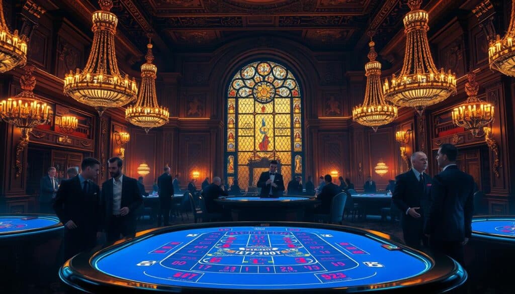 A grand, ornate casino interior with a vibrant baccarat table as the centerpiece. The table is surrounded by elegantly dressed players, creating an atmosphere of high-stakes intrigue and sophistication. The room is bathed in a warm, golden glow from ornate chandeliers, casting a dreamlike ambiance. The walls are adorned with intricate woodcarvings and gilded accents, evoking the opulence of a bygone era. In the background, a massive, stained-glass window adds a touch of grandeur, offering a glimpse into the storied history of this classic casino game. The overall scene captures the timeless allure and legacy of baccarat, a game that has captivated players for centuries.