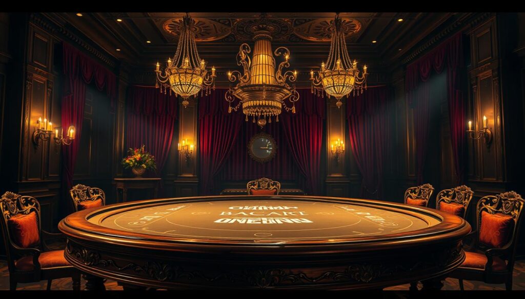 A grand wooden table, adorned with ornate carvings, takes center stage in a dimly lit, old-world casino setting. Soft, golden lighting casts a warm glow, illuminating the felt-covered surface where cards are dealt with precision. In the background, antique chandeliers hang from high ceilings, casting intricate shadows across the room. Plush red velvet curtains line the walls, adding a touch of elegance and exclusivity. The scene evokes the rich history and development of the iconic game of Baccarat, a timeless pursuit of skill and chance that has captivated players for centuries.