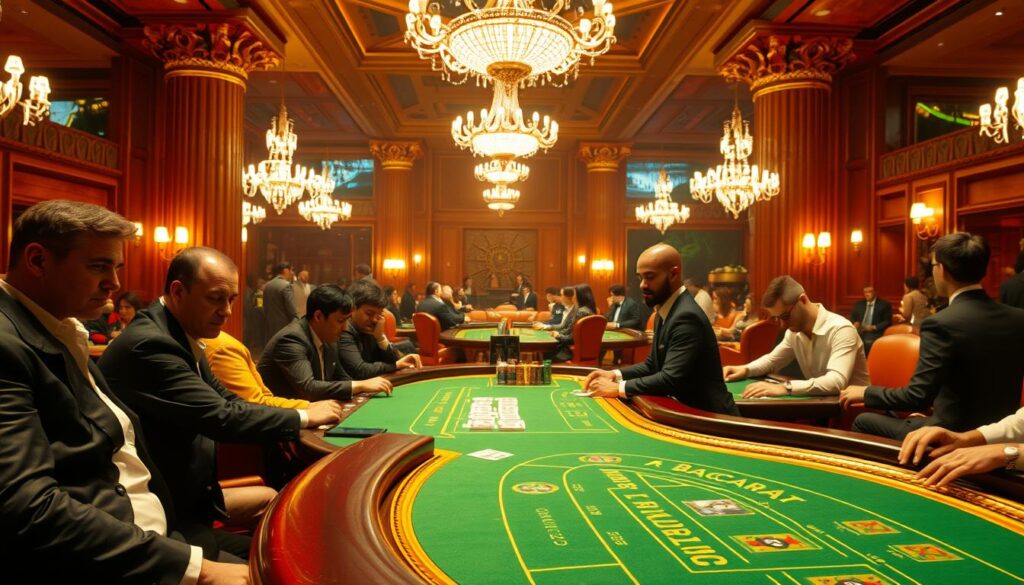 A grandiose casino interior, bathed in warm amber lighting. The foreground features an ornate baccarat table, the green felt surface contrasting with the gilded trimmings. Seated players lean in, focused on the cards being dealt, their expressions intense yet determined. In the middle ground, a lively crowd gathers around other gaming tables, the sounds of chips clinking and muted conversations filling the air. The background depicts a luxurious lounge, plush leather seating and towering columns evoking an atmosphere of sophistication and high-stakes excitement. Elegant chandeliers cast a soft glow, creating an atmosphere of refined opulence perfectly suited for a successful baccarat gaming strategy.