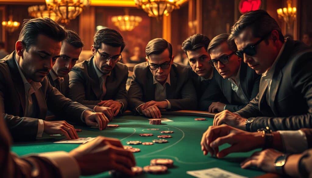 A group of serious-looking casino players intently focused on a green baize table, their expressions a mix of concentration and determination. The scene is bathed in warm, golden lighting that casts dramatic shadows, creating a sense of intensity and high stakes. The table is adorned with elegant yet understated casino chips, cards, and other gaming accoutrements, all arranged with an air of precision and expertise. The background is blurred, drawing the viewer's eye to the central group of players, their body language and facial features conveying the passion and skill of seasoned baccarat enthusiasts.