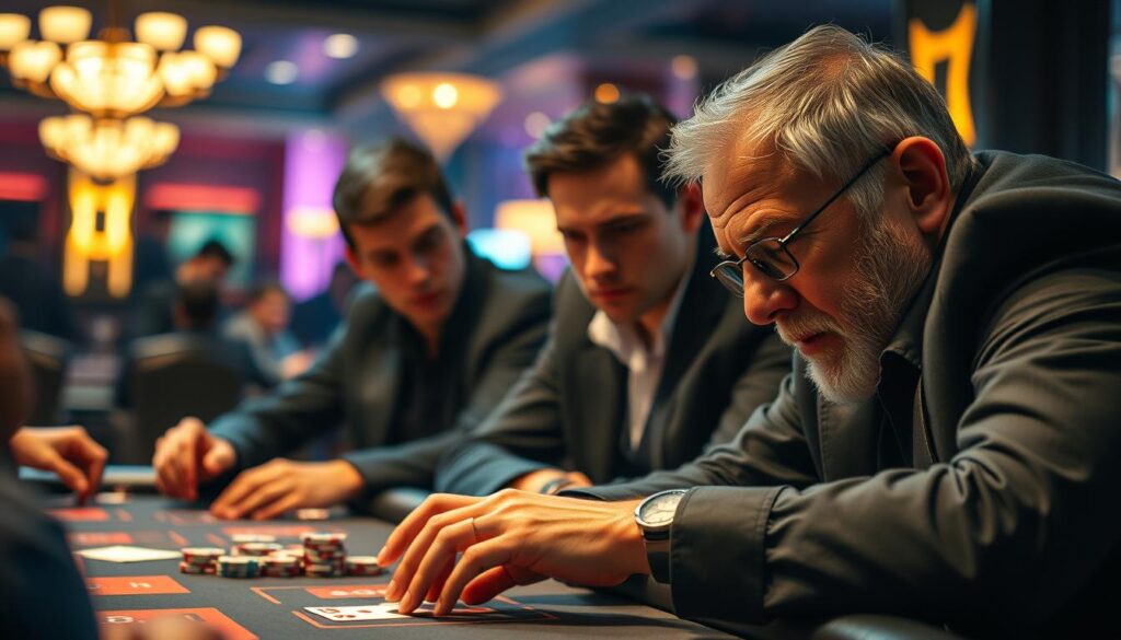 A group of successful baccarat players gathered in a dimly lit casino lounge, their faces illuminated by the warm glow of the table lights. In the foreground, a seasoned player leans forward, his expression intense as he carefully studies the cards. Behind him, two younger players confer in hushed tones, their bodies language conveying a sense of confidence and camaraderie. The background is blurred, but the faint sounds of shuffling chips and muted chatter create an atmosphere of concentration and anticipation. The image captures the essence of the successful baccarat player - a blend of strategic thinking, discipline, and a keen understanding of the game's mechanics.
