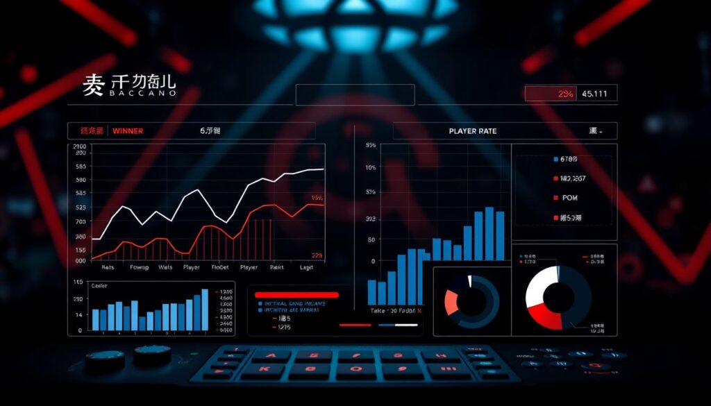 A high-contrast, analytical data visualization depicting the winning rates of the Banker (莊家) and Player (閒家) in an online baccarat game. The chart is rendered in a clean, minimalist style with a dark, moody color palette to convey a sense of seriousness and strategic depth. The foreground features bold, legible data visualizations such as line graphs, bar charts, and pie charts to illustrate the key statistical insights. The middle ground showcases a sleek, high-tech interface with interactive controls, while the background blurs into an abstract, geometric pattern evoking the casino environment. Dramatic low-key lighting creates depth and emphasizes the analytical nature of the scene, guiding the viewer's focus to the core data analysis.