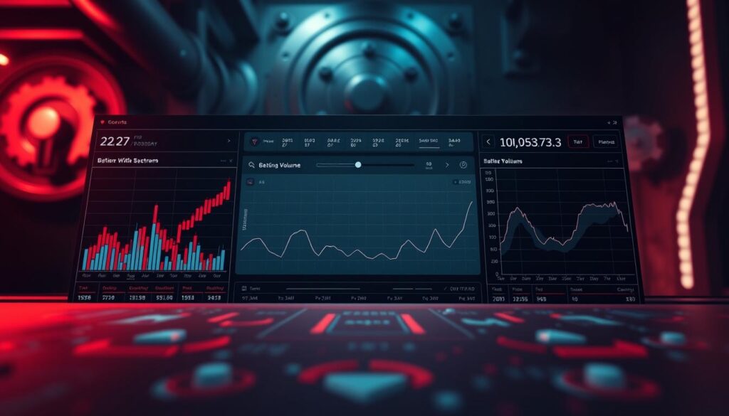 A high-contrast chart displaying a detailed analysis of baccarat game trends. The foreground shows a series of candlestick charts and line graphs depicting historical win/loss patterns, betting volume, and other key metrics. The middle ground features a clean, minimalist data visualization dashboard with sliders and toggles to adjust the time period and analysis parameters. The background has a subdued, industrial aesthetic with muted tones and hints of mechanical gears or circuit boards, conveying a sense of technical sophistication. Dramatic, side-lighting creates dramatic shadows and highlights, while a shallow depth of field focuses attention on the essential data insights. The overall mood is one of analytical rigor and data-driven decision-making.