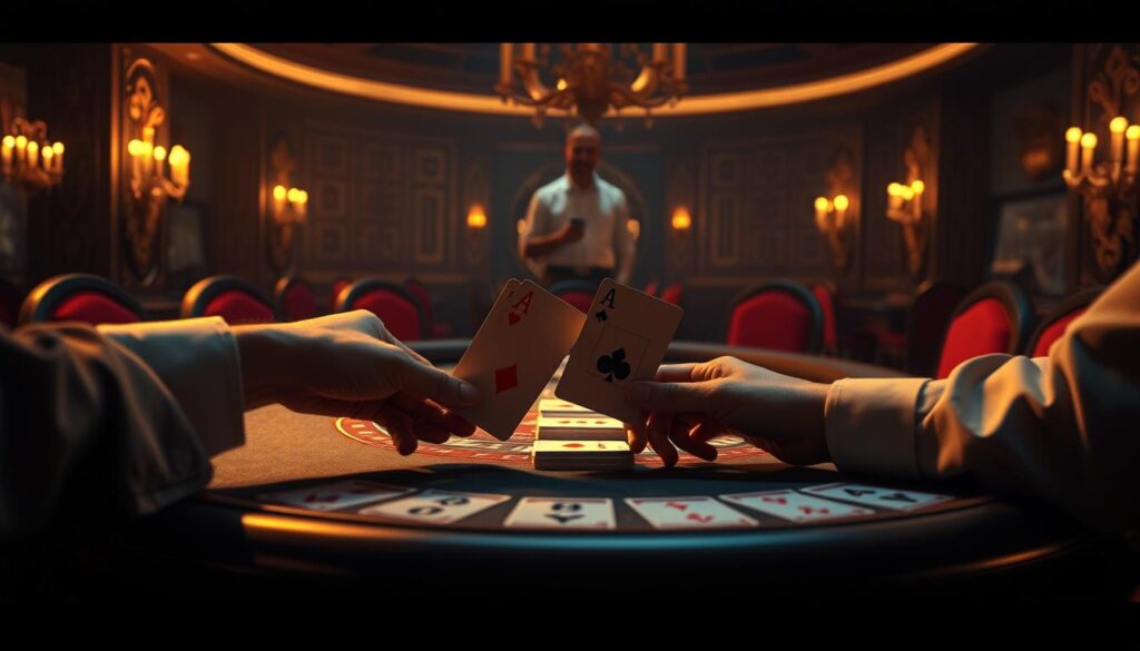 A high-contrast, cinematic illustration of the rules and gameplay mechanics of the classic casino game Baccarat. Set against a dimly lit, ornate casino interior, with the game table and cards taking center stage. Soft, warm lighting emanates from the table, casting dramatic shadows and highlights on the hands of the players. The cards themselves are rendered in exquisite detail, showcasing the iconic Baccarat suit symbols. The overall atmosphere evokes a sense of sophistication, strategy, and the thrill of high-stakes gaming.
