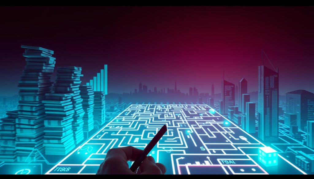A high-contrast, cinematic image depicting the concept of financial management and risk control strategy. In the foreground, a hand holding a calculator and spreadsheet against a backdrop of stacked currency and bar graphs, conveying the analytical decision-making process. The middle ground features a maze-like network of interconnected financial symbols and icons, representing the complex systems and variables involved. In the background, a minimalist skyline or cityscape, symbolizing the broader economic landscape. The lighting is dramatic, with bold highlights and deep shadows, creating a sense of gravity and importance. The overall mood is one of careful planning, strategic thinking, and cautious optimism.