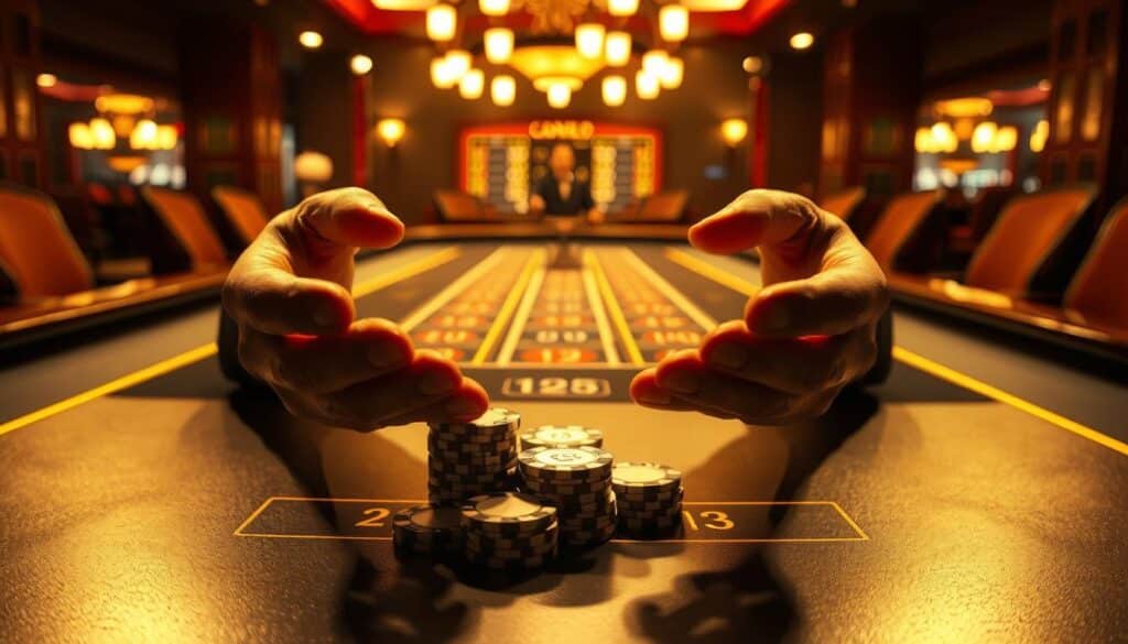 A high-contrast, cinematic image of a casino gaming table with a clear, detailed illustration of the "123 Betting System" technique. The table surface is smooth and reflective, bathed in warm, golden lighting that casts dramatic shadows. In the foreground, a dealer's hands demonstrate the step-by-step process of the 123 betting method using casino chips. The middle ground features the game layout with labeled betting positions. In the background, the dim, atmospheric lighting of the casino creates a sense of focus and intensity. The overall mood is one of strategy, precision, and the thrill of gambling.
