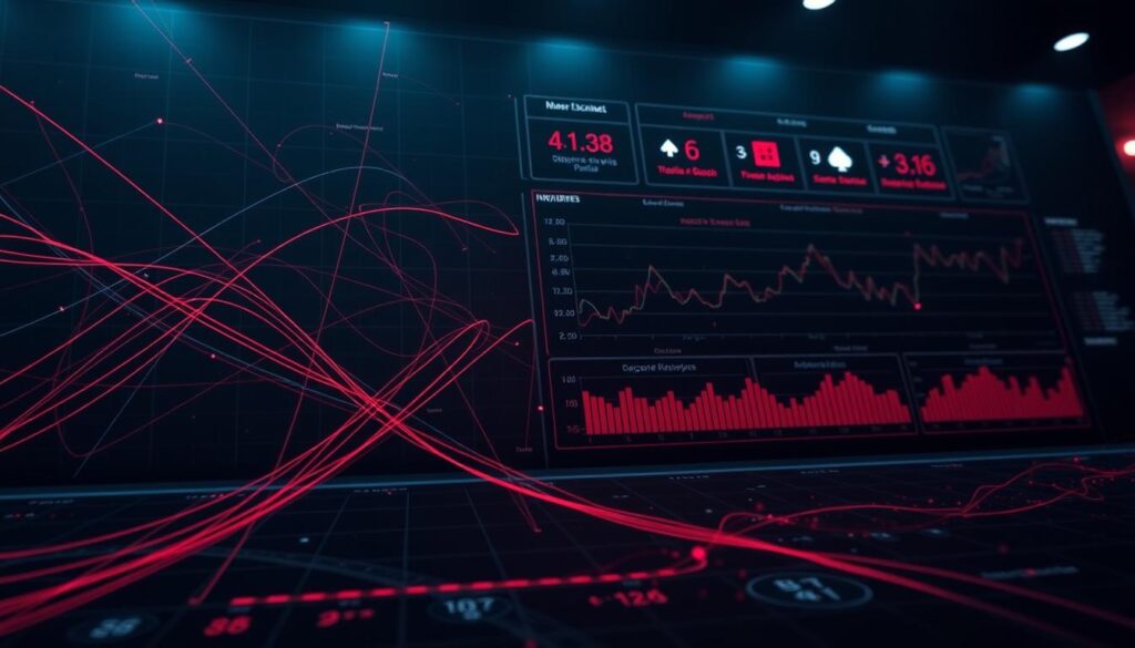 A high-contrast, cinematic image of a detailed "baccarat card path analysis" diagram, rendered in a realistic, technical style. The foreground features a complex grid of intersecting lines and curves representing the flow and trends of baccarat game outcomes. The middle ground shows a sophisticated data visualization with key statistical metrics and analytics. The background is subdued, with subtle lighting and a sense of depth, emphasizing the analytical nature of the subject matter. The overall tone is serious, authoritative, and data-driven, conveying the insights and decision-making process behind baccarat strategy.