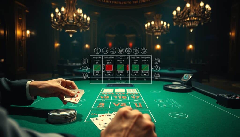 A high-contrast, cinematic image showcasing the intricate rules and regulations governing the classic casino game of Baccarat. In the foreground, a dealer's hands expertly shuffling and dealing the cards, the green baize table surface providing a crisp, geometric backdrop. In the middle ground, a detailed diagram illustrating the game's scoring system and betting options, surrounded by stylized icons and symbols alluding to the game's history and cultural significance. The background evokes the elegant, dimly lit ambiance of a high-roller casino, with hints of ornate architectural details and the faint glow of chandeliers casting a warm, inviting glow over the scene. Lighting is dramatic, casting deep shadows and highlights to accentuate the sense of atmosphere and mystery surrounding the gameplay. The overall composition conveys a sense of authority, expertise, and the serious, strategic nature of mastering the complexities of Baccarat.