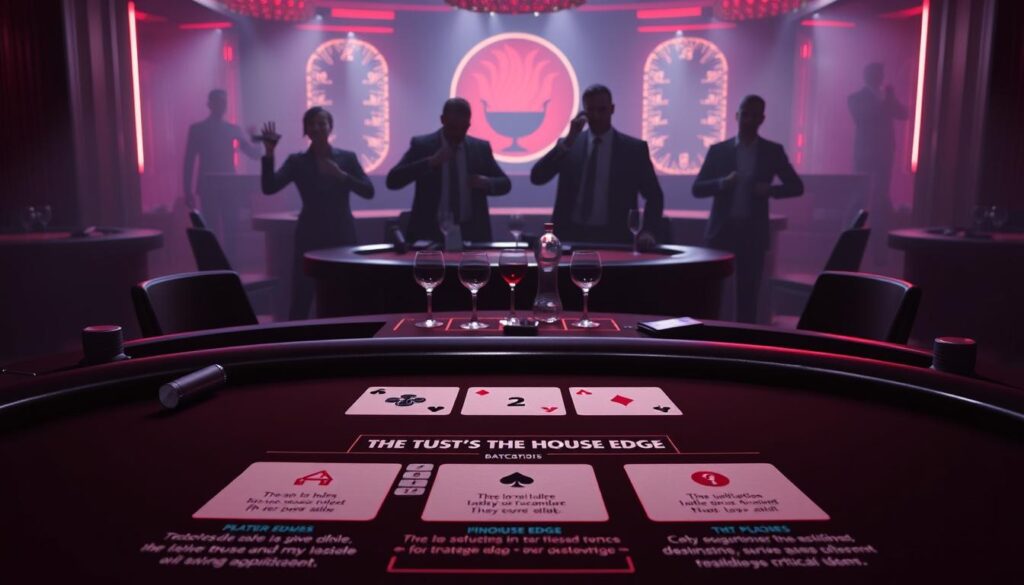 A high-contrast, cinematic rendering of the core rules and common misconceptions of the game of baccarat. The foreground features a clean, minimalist presentation of the game's fundamental mechanics - the three possible outcomes, the house edge, and key strategies for players. The middle ground depicts a stylized casino table, with elegant glassware and discreet lighting. In the background, shadowy figures representing naive or overconfident players making critical errors, set against a moody, atmospheric environment suggestive of the pitfalls and allures of the game. Rendered with a sharp, graphic sensibility and a sense of dramatic tension, evoking the serious but enthralling nature of mastering this classic casino game.