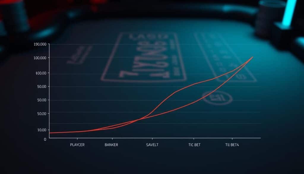 A high-contrast data visualization showcasing the probability distribution of Baccarat game outcomes, rendered with a sleek, minimalist aesthetic. The foreground features a clean line graph highlighting the win rates for the Player, Banker, and Tie bets, while the background subtly depicts a casino-inspired grid pattern with muted tones evoking the atmosphere of a gaming table. The overall composition balances analytical precision with a sense of sophistication, suitable for illustrating the section on understanding Baccarat's win rate dynamics.
