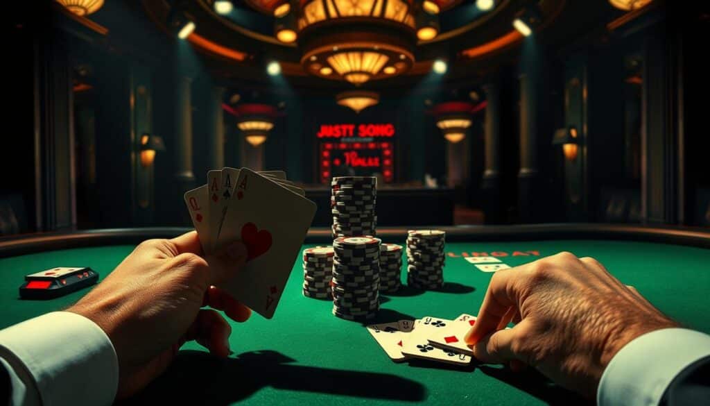 A high-contrast, detailed illustration of the Martingale betting system for baccarat, showcasing the key concepts. In the foreground, a croupier's hands deal out cards on a green baize table, the cards casting dramatic shadows. In the middle ground, a stack of casino chips symbolizes the incremental betting strategy. The background is a moody chiaroscuro of casino architecture, with spotlights illuminating the action. The overall atmosphere is one of intense concentration and high-stakes risk, reflecting the advantages and drawbacks of the Martingale approach.