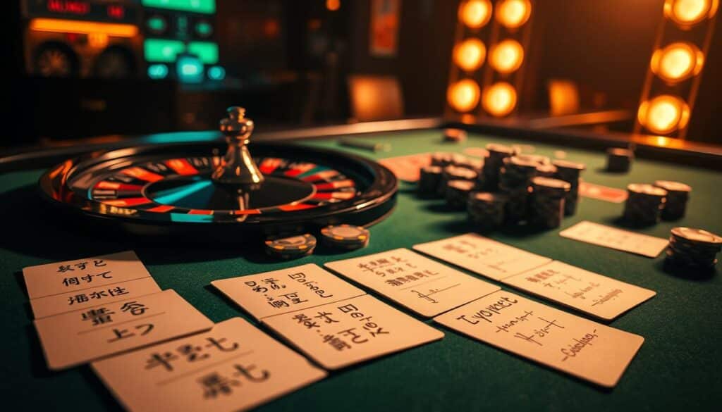 A high-contrast image of a casino table with a focus on a roulette wheel and betting chips. The table is illuminated by warm, dramatic lighting, casting shadows and highlights across the green felt surface. In the foreground, various betting strategies are written on cards, suggesting an in-depth analysis of proven betting tactics. The background is slightly blurred, drawing the viewer's attention to the central elements. The overall mood is one of strategic contemplation, hinting at the "百家樂必勝法" explored in the article.