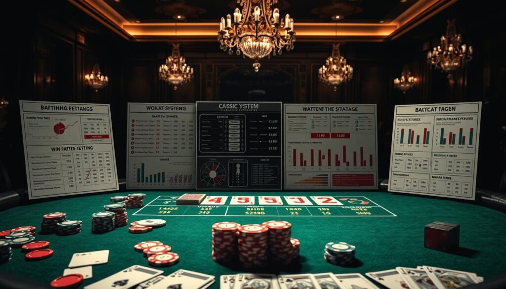A high-contrast image of a table featuring various betting strategies and analysis for the classic casino game of Baccarat. The foreground displays a spread of betting chips, cards, and a gaming table with a green felt surface. The middle ground showcases detailed infographics and charts illustrating different betting systems, win rates, and statistical probabilities. The background features a dimly lit casino interior with elegant chandeliers and shadowy silhouettes of players, creating an atmospheric and contemplative mood. Dramatic chiaroscuro lighting casts dramatic shadows, emphasizing the analytical and strategic nature of the subject matter.