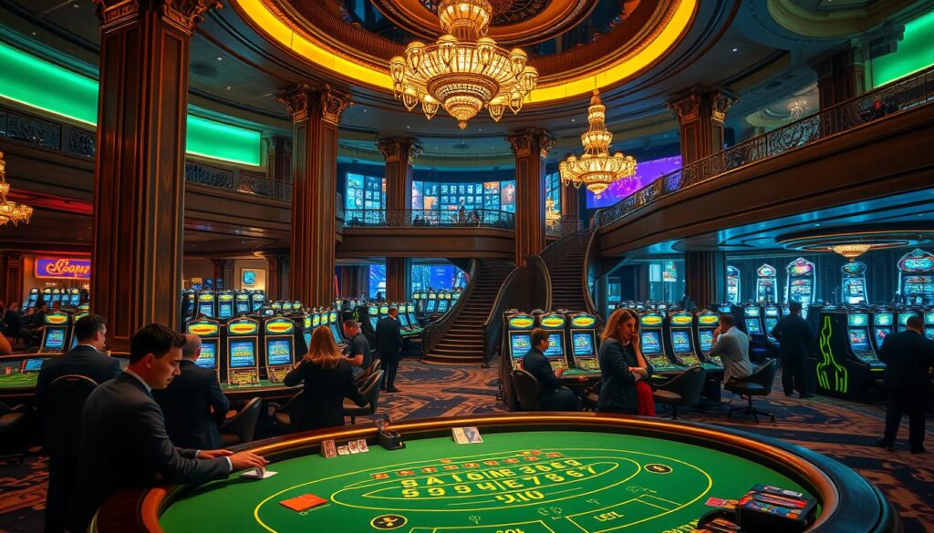 A high-end casino interior bathed in warm, ambient lighting. In the foreground, a luxurious baccarat table with green felt and gilded edges, surrounded by elegant, well-dressed patrons intently studying their cards. The middle ground features a panoramic view of the gaming floor, with rows of sleek, modern slot machines and glamorously attired dealers overseeing the action. The background showcases the grand, ornate architecture of the casino, with towering columns, intricate chandeliers, and a sweeping, curved staircase leading to a mezzanine level. The overall atmosphere conveys a sense of sophistication, high-stakes excitement, and the promise of potential windfalls.