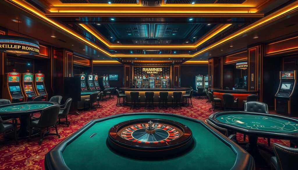 A high-end casino interior with plush carpets, gold-trimmed furnishings, and dim, atmospheric lighting. In the foreground, a roulette table and blackjack tables, their green felt surfaces inviting players to try their luck. The middle ground features a line of slot machines, their colorful displays and flashing lights luring potential gamblers. In the background, a sleek, modern bar with a polished mahogany counter and an impressive array of liquor bottles. The overall mood is one of elegance, sophistication, and the thrill of the gamble, creating a sense of trust and allure for discerning players.