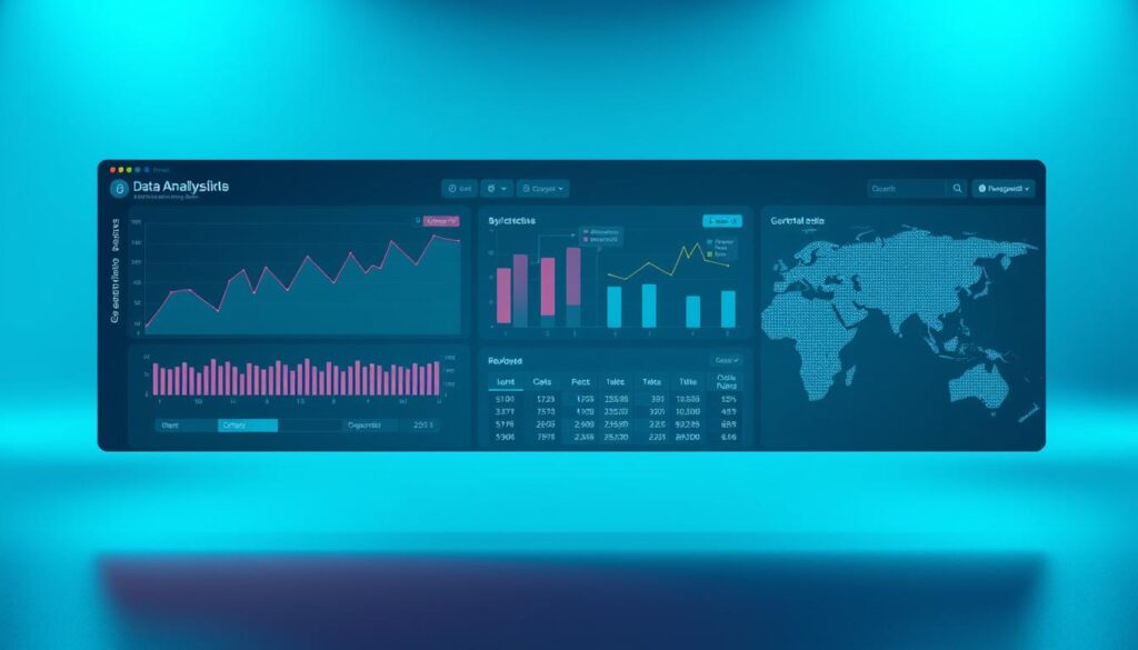 A high-quality data analysis dashboard floats against a serene blue backdrop, with clear and concise visualizations presenting key statistics. The foreground features a line graph, a bar chart, and a scatter plot, all rendered in a clean, modern style with a minimalist color palette. The middle ground showcases a well-organized table of numerical data, while the background subtly includes a world map or geographic outline to provide context. Soft, indirect lighting creates a sense of depth and emphasizes the clarity of the information. The overall composition conveys an atmosphere of informed decision-making, with the data analysis tools presented in a visually compelling and easily interpretable manner.