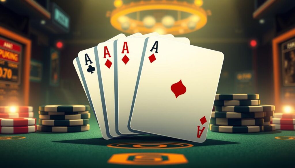 A high-quality, detailed illustration of a poker hand with cards and numeric values representing the point calculation in the game of Baccarat. The scene should have a clean, professional look with a warm, inviting color palette. The cards should be clearly visible, with the numeric values prominently displayed. The composition should be balanced, with the cards occupying the central focus, and the background providing contextual information without distracting from the main subject. Lighting should be soft and natural, creating depth and dimensionality. The overall mood should convey a sense of strategic thinking and mathematical precision required in the game of Baccarat.