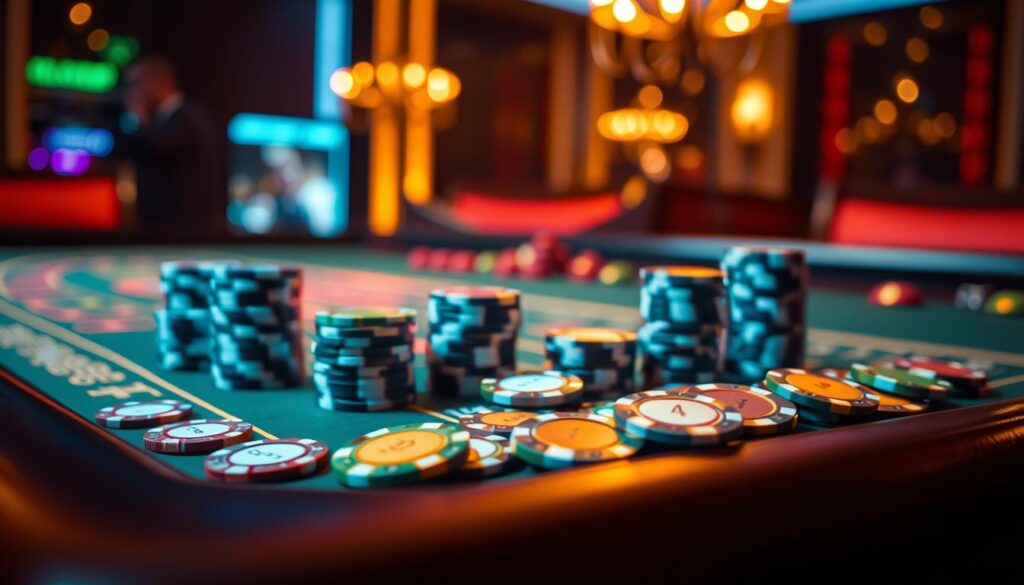 A high-quality image of a casino table with a variety of gambling chips in different denominations arranged neatly. The table is illuminated by warm, ambient lighting, creating a sophisticated, inviting atmosphere. The chips are placed in an organized, symmetrical pattern, conveying a sense of strategy and calculated decision-making. The background is slightly blurred, keeping the focus on the well-composed arrangement of the chips. The overall scene reflects the expert guidance and thoughtful approach to chip management in the game of baccarat.