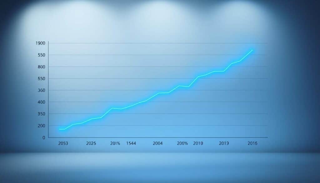 A high-quality line graph depicting the long-term trends in Baccarat win rates for Taiwanese players. The graph occupies the center of the frame, with a clean white background and minimal gridlines. The x-axis displays years, while the y-axis shows win rate percentages. The line is rendered in a bold, vibrant blue hue, tracing the gradual but steady rise in win rates over time. A sense of stability and optimism pervades the scene, conveyed through the smooth, consistent curve of the line and the muted, professional color palette. Subtle shadows and light effects add depth and dimension, creating a polished, scientific visualization suitable for a detailed analysis of gaming performance trends.