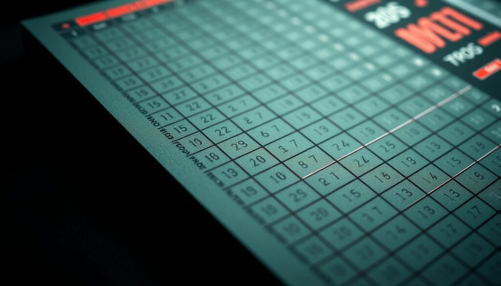 A high-resolution close-up photograph of a casino baccarat score sheet, also known as a "road map" or "路紙". The sheet is made of heavy, textured paper and features a grid of numbers and symbols against a dark green or black background, resembling a ledger or accounts book. The lines and edges of the sheet are crisp and well-defined, with a subtle sheen suggesting a matte or satin finish. The overall composition is symmetrical and orderly, drawing the viewer's eye to the intricate patterns and detail of the sheet. The lighting is soft and even, accentuating the materiality and tactile quality of the paper. The image conveys a sense of precision, strategy, and the sophisticated analysis of gameplay data, alluding to the complexities involved in mastering the game of baccarat.