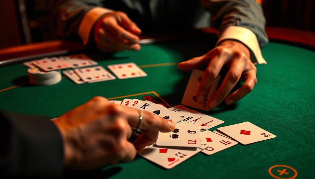A high-resolution close-up view of a dealer's hands dealing playing cards on a green baize casino table, illuminated by warm sidelighting. The cards are clearly visible, displaying their numerical values. The hands are meticulously detailed, showing the dealer's movements as they calculate the running card count. The background is slightly blurred, focusing the viewer's attention on the intricate process of baccarat card counting. The scene conveys a sense of concentration and precision, capturing the essence of the "如何計算百家樂的點數" section of the article.