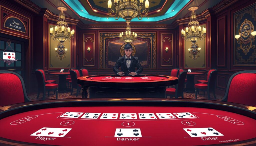 A high-resolution, detailed illustration depicting the core rules of baccarat, a popular casino card game. The foreground shows the baccarat table layout with clear markings for the player, banker, and tie bets. The middle ground showcases the dealing of cards, with the dealer's hands and the players' hands in focus. The background features an elegant casino interior with rich wood paneling, chandeliers, and subtle lighting to convey a sophisticated atmosphere. The overall composition emphasizes the simplicity and elegance of the game's mechanics, providing an informative visual guide for players to understand the fundamental gameplay.