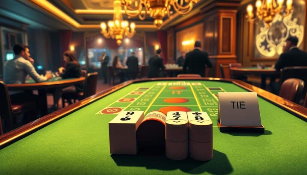 A high-resolution, detailed illustration depicting the various betting options in the game of Baccarat. The foreground showcases the classic Baccarat table layout, with the Player, Banker, and Tie bets prominently displayed. The middle ground includes elegant casino elements like plush green felt, polished wood, and subtly lit chandeliers, creating an atmosphere of sophistication. In the background, blurred silhouettes of players engaged in the game, conveying the hustle and excitement of a Baccarat gaming floor. The lighting is warm and inviting, with a slight vignette effect to draw the viewer's attention to the central table. The scene should reflect the strategic nature of Baccarat, highlighting the key betting options available to players.