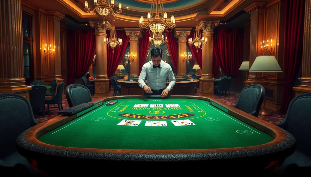 A high-resolution, detailed illustration of the rules of the Baccarat casino game. In the foreground, a green felt gaming table with the classic Baccarat layout, including the player, banker, and tie betting areas. In the middle ground, a dealer in a crisp white shirt dealing cards to the players. In the background, a luxurious casino interior with ornate columns, chandeliers, and rich burgundy curtains, creating an atmosphere of high-end sophistication. The lighting is warm and inviting, with a subtle spotlight on the gaming table. The overall composition conveys the elegance and timeless appeal of the Baccarat game.