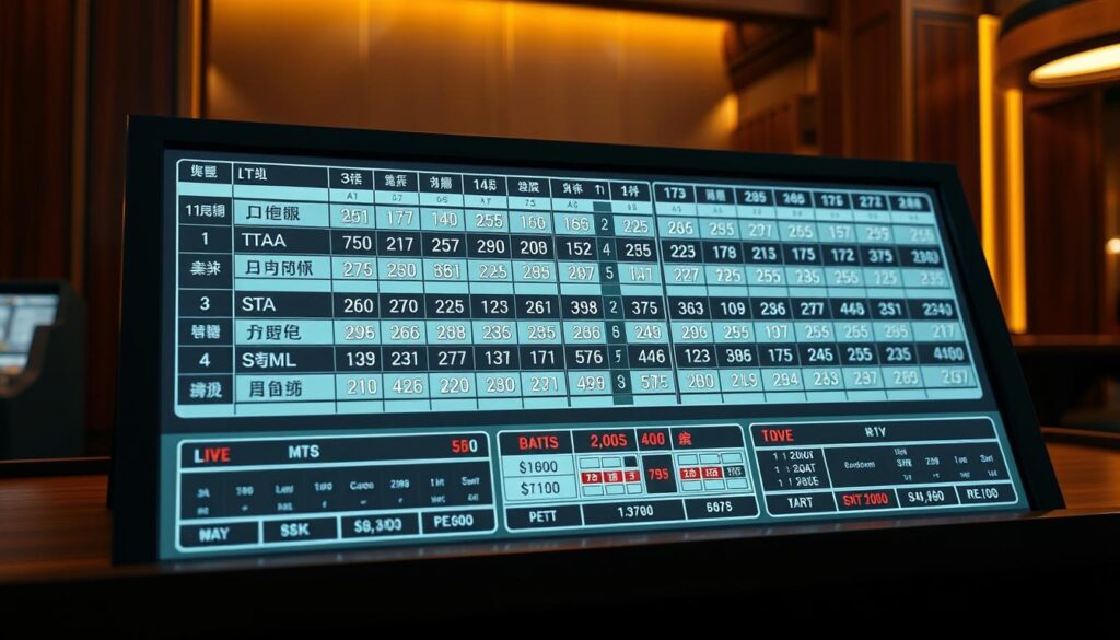A high-resolution, detailed image of a real-time casino baccarat betting board, showcasing the live odds and betting information in a clean, minimalist design. The board is placed on a dark, wooden surface, illuminated by soft, warm lighting that creates a sense of sophistication and excitement. The numbers and symbols are clearly displayed, with a focus on legibility and visual hierarchy. The overall composition conveys a sense of precision, data-driven analysis, and the thrill of the game, reflecting the subject of "Immediate Baccarat Betting Analysis" for Taiwanese players.