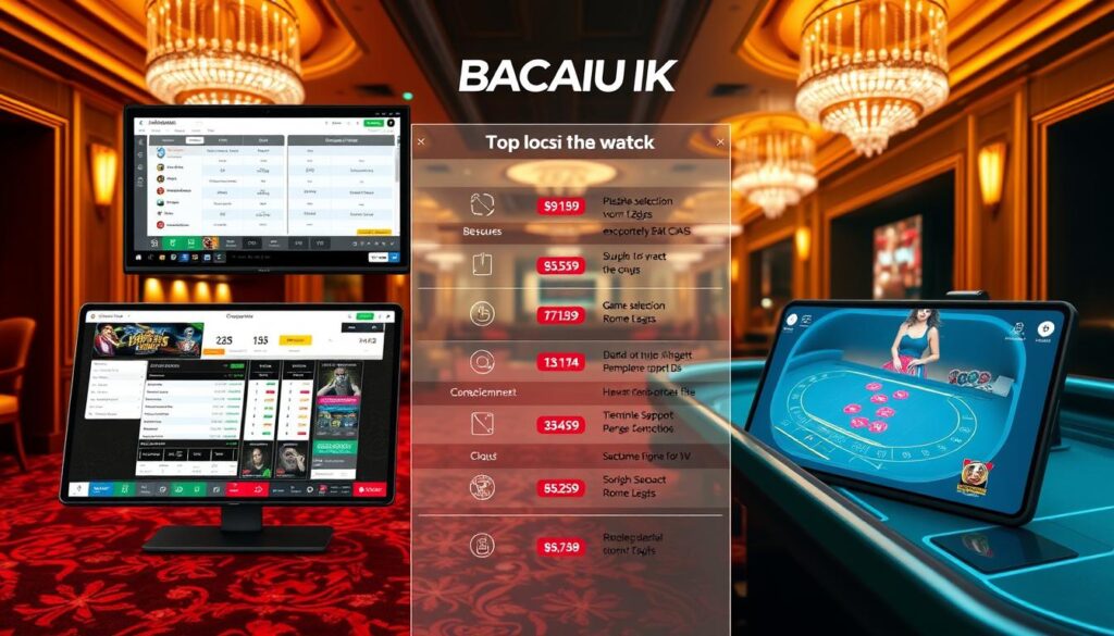 A high-resolution image of a side-by-side comparison of popular online baccarat gaming platforms. The foreground features realistic depictions of the platforms' interfaces, showcasing their user-friendly layouts, betting options, and live dealer features. The middle ground includes performance metrics like game selection, bonuses, and customer support ratings. The background subtly blends elegant casino-inspired elements like plush carpets, wood paneling, and warm lighting to evoke a sense of luxury and sophistication. The overall composition conveys a comprehensive evaluation of the top online baccarat platforms, allowing viewers to make an informed decision.