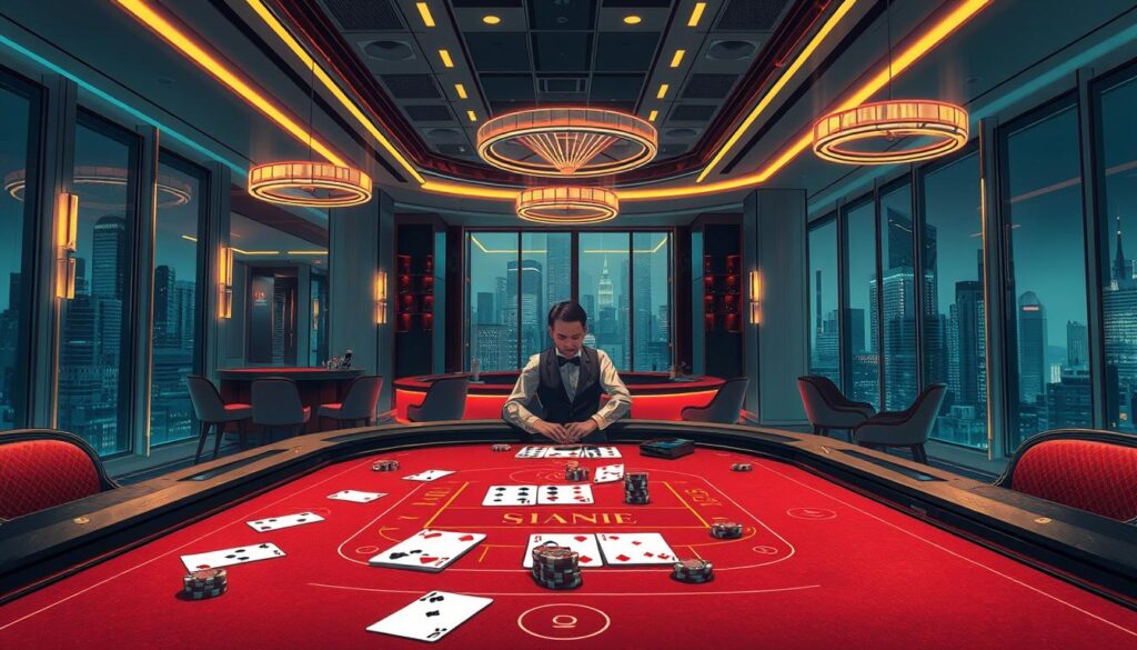 A high-resolution, intricately detailed illustration of the "百家樂限紅規則解析" concept. The foreground depicts the game table with a croupier, cards, and casino chips, showcasing the essential elements of Baccarat gameplay. The middle ground features a modern, minimalist casino interior, with elegant lighting fixtures and clean lines. The background incorporates a cityscape of skyscrapers, hinting at the urban setting and high-stakes nature of the game. The overall atmosphere is one of sophistication, strategy, and the thrill of the game, capturing the essence of the "百家樂遊戲中的限紅規則解析" topic.