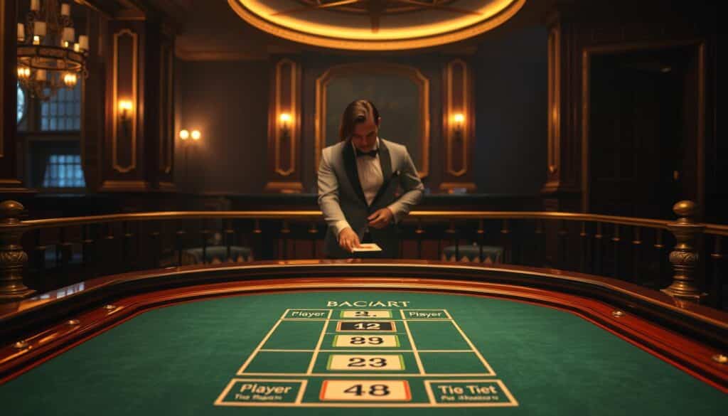A high-resolution photorealistic image depicting the basic rules of the Baccarat casino game. The foreground shows the Baccarat table with its green felt surface, delicate wood trim, and ornate brass railings. On the table, the layout is clearly visible, with designated areas for the Player, Banker, and Tie bets. The middle ground features two smartly dressed players - one placing a bet, the other observing the game. The background is dimly lit, with a soft warm glow evoking the atmosphere of an elegant casino. Subtle lighting highlights the textures and details, creating a sense of depth and realism. The overall composition conveys the sophisticated and alluring nature of the classic Baccarat gameplay.