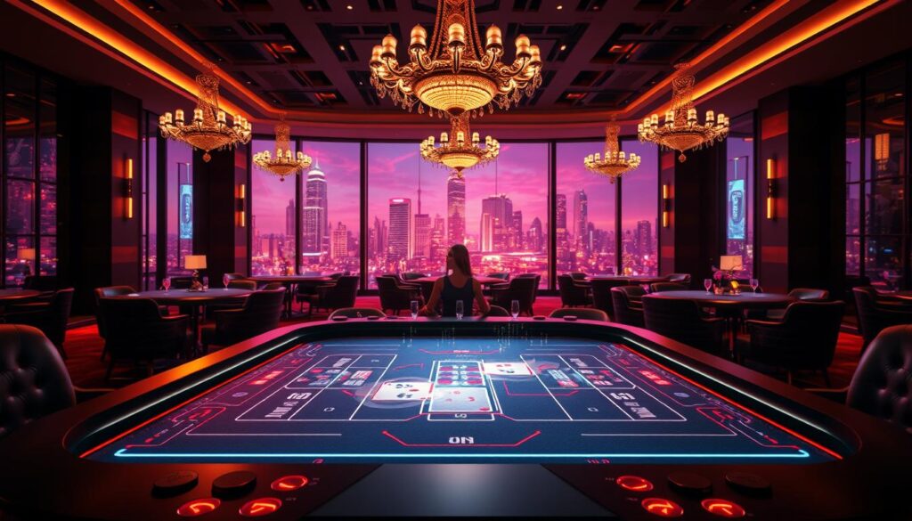 A high-resolution, photorealistic image of a modern online baccarat gaming platform. In the foreground, a sleek, minimalist interface with clean lines and intuitive controls. The middle ground features a dynamic background with subtle animations, like glowing neon accents and shimmering particles, evoking a sense of excitement and anticipation. The background is a dimly-lit, elegant casino setting with plush furnishings, ornate chandeliers, and floor-to-ceiling windows overlooking a vibrant cityscape. The lighting is warm and inviting, with soft shadows adding depth and dimension. The overall mood is one of sophistication, innovation, and an immersive gaming experience for discerning online players.