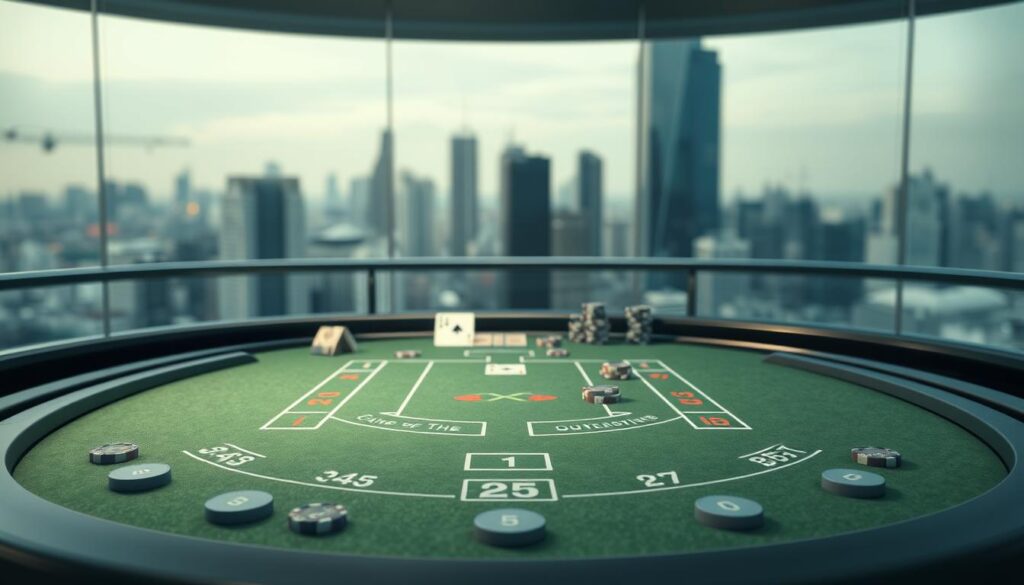 A high-resolution, photorealistic image of a sleek, modern online gambling platform interface for the popular Baccarat casino game. The interface features a clean, minimalist design with a neutral color palette of grays, whites, and blues. Prominent in the foreground is a large game board with a realistic-looking green felt surface, surrounded by various betting options and controls. In the middle ground, there are subtly animated elements like cards being dealt and chips being moved, creating a sense of dynamic gameplay. The background showcases a blurred city skyline, hinting at the thrilling, cosmopolitan atmosphere of high-stakes online gambling. The entire scene is illuminated by a soft, natural lighting that creates depth and highlights the sleek, premium aesthetic of the platform.