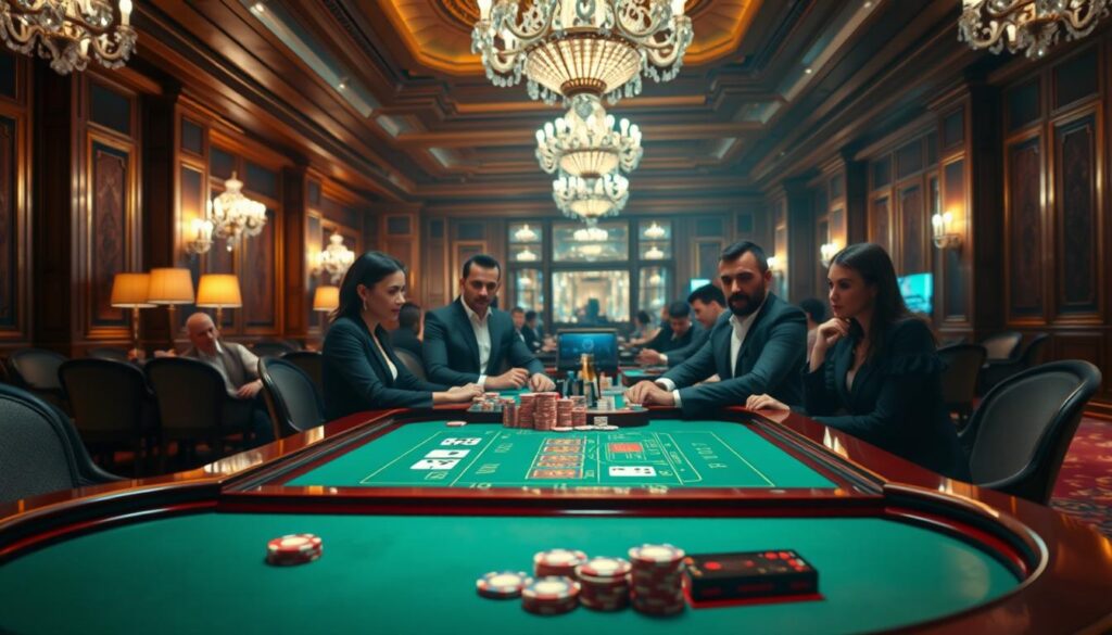 A high-resolution, photorealistic image of an online Baccarat game scene. The foreground features a well-lit, polished wooden table with a green felt surface, surrounded by players immersed in the game. The table is adorned with Baccarat chips, cards, and a dealer's station. In the middle ground, the players are elegantly dressed, their expressions focused and engaged. The background showcases a luxurious casino interior with ornate chandeliers, plush carpeting, and rich, wood-paneled walls, creating an atmosphere of sophistication and excitement. The lighting is warm and inviting, with a slight depth of field blur to draw the viewer's attention to the central gaming action. This image captures the allure and advantages of the online Baccarat experience.