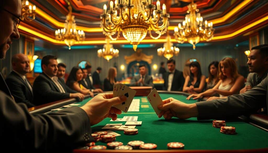 A high-stakes Baccarat table set against a glamorous casino backdrop. Elegant chandeliers cast a warm glow, illuminating the green felt surface and the scattering of casino chips. In the foreground, a player's hands skillfully manipulate the cards, studying the patterns and applying time-tested strategies. The atmosphere is charged with anticipation as onlookers observe the unfolding game, their expressions revealing a mix of excitement and concentration. The overall scene conveys the thrill and sophistication of the Baccarat experience, highlighting the key elements of strategy and technique that can lead to victory.
